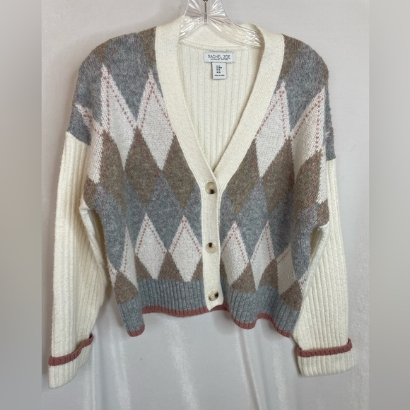 Rachel Zoe Argyle long sleeve cardigan button up v neck size Medium - Picture 1 of 5